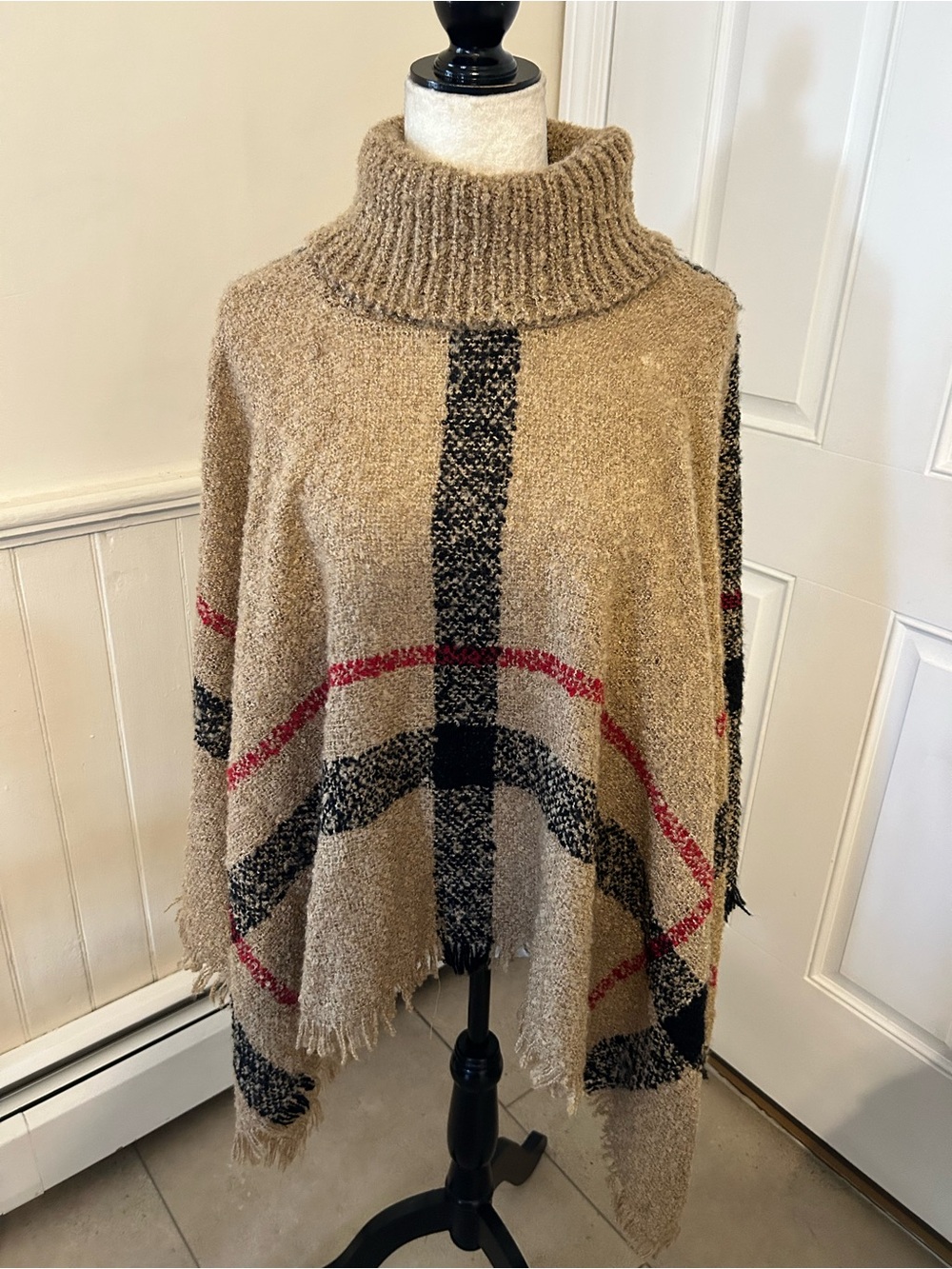 Pink Lily Stay Classy Nova Check Style Plaid Poncho Turtleneck Fringe One Size